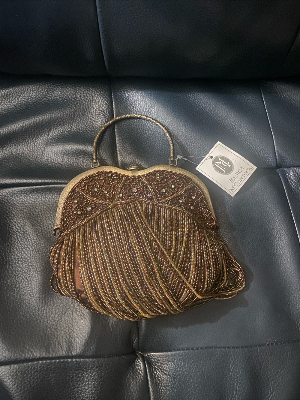 Jessica McClintock Brown and Gold Beaded Evening Handbag Sea Shell Clasp Chain